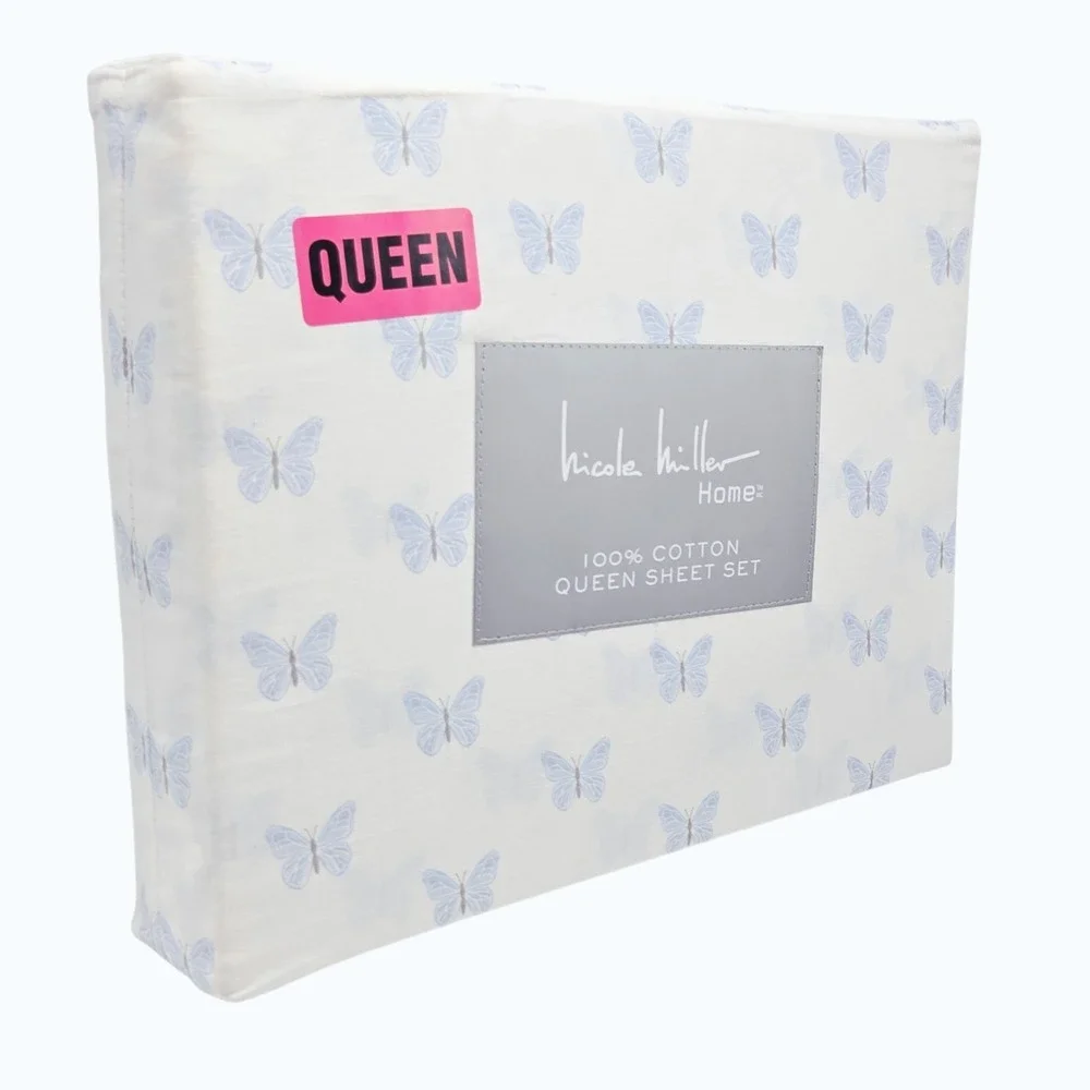 Nicole‎ Miller Queen Sheet Set of 4pc White Blue Butterfly Print 100% Cotton